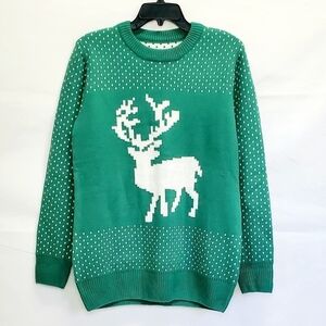 Retro Jacquard Reindeer Green & White Pullover Holiday Christmas Sweater